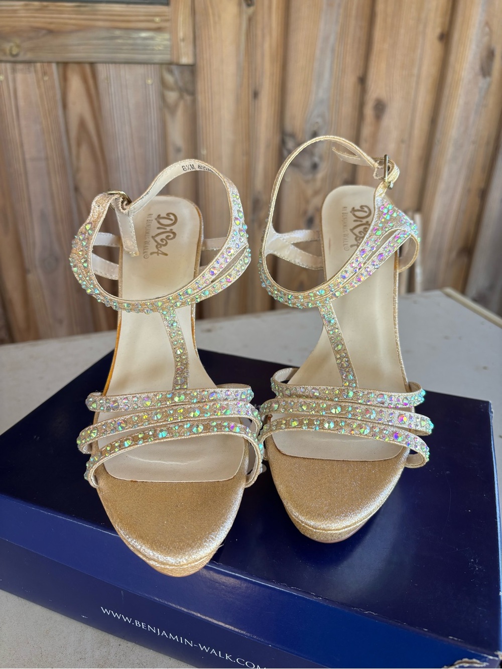 Benjamin Walk Iridescent Gold T-Strap Rhinestone Heels